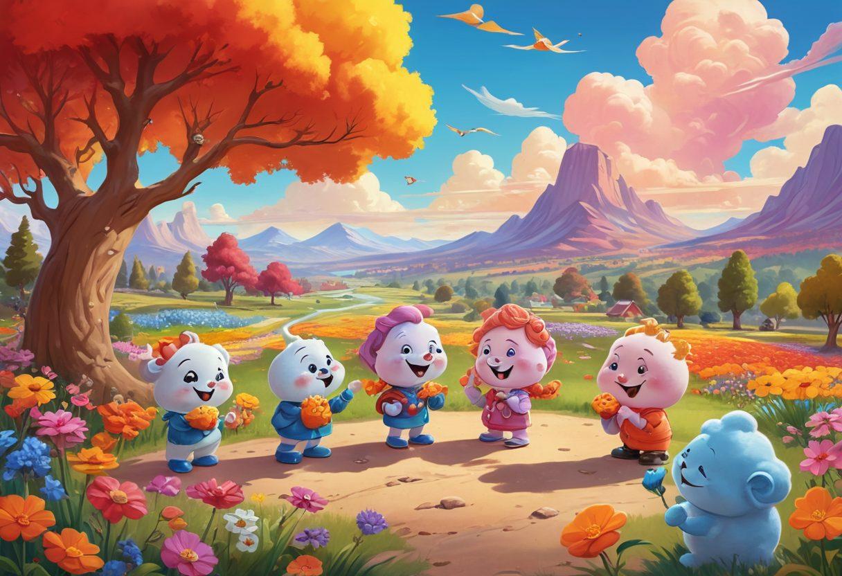 A whimsical scene featuring a diverse group of cartoon characters joyfully engaging with anthropomorphic nuggets, surrounded by bright colors and delightful expressions. The background showcases a sunny landscape filled with vibrant flowers, playful clouds, and cartoonish trees, creating a sense of happiness and contentment. Emphasize laughter and friendship in their interaction with the nuggets. playful illustration. vibrant colors. cheerful atmosphere.