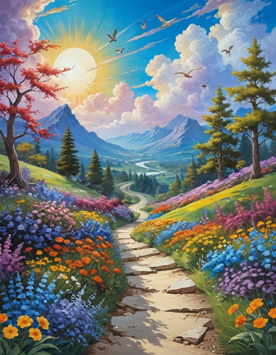 A whimsical landscape showcasing a path winding through a vibrant, sunlit world filled with joyful nuggets, represented as colorful, anthropomorphic characters. Along the path, cheerful flowers bloom and birds sing, illustrating the journey from delight to contentment. The sky is a brilliant blue with fluffy white clouds, inviting a sense of happiness and peace. This scene captures the essence of a joyful adventure in a magical, surreal style. vibrant colors. painting.