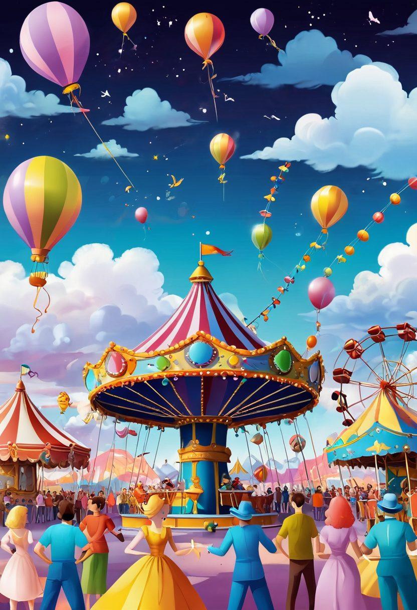 A whimsical scene depicting a colorful, surreal carnival filled with playful nuggets in various playful poses, surrounded by dreamy clouds and soft pastel hues. Include joyous characters engaging in games and revelry, symbolizing the freedom of adult content. Bright lights and whimsical decorations enhance the playful atmosphere, inviting viewers into a world of delight and amusement. vector art. vibrant colors. whimsical style.